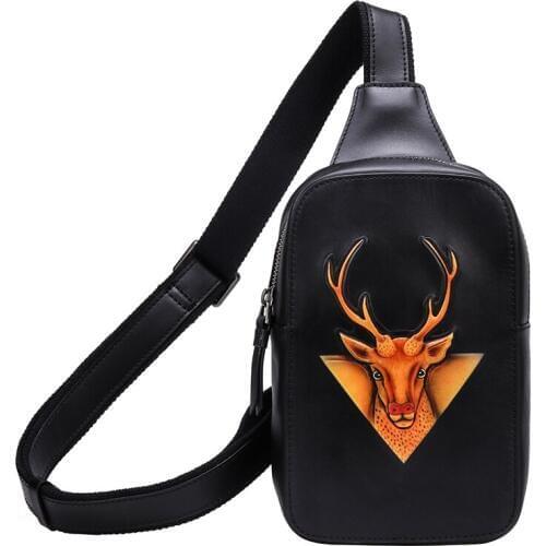 Handmade Chinese style Top layer Leather Men Vegetable Tanned Leather Shoulder Bag Cowhide Hand-carved Davids deer Chest Bags