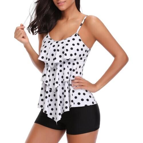 SEABBOT 2018 Women Plus Size Swimsuit Polka Dot Ruched Flounce Tiered Top with Solid Black Boyshort Bottoms Set Tankini Swimwear
