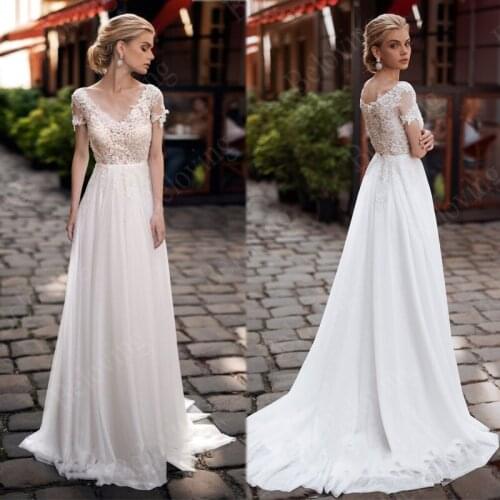 A-line Boho Wedding Dress Sheer Lace Appliques Wedding Gowns Romantic Bride Dress Vestidos De Noiva 2021 Cap Sleeve Bridal Gowns