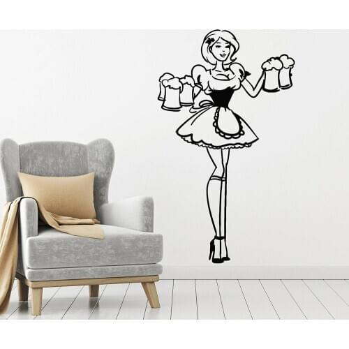 Restaurant Bar Vinyl Wall Decal Waitress With Beer Alcohol Bar Pub Decor Stickers Mural Home Bedroom Art Mural Wallpaper M310