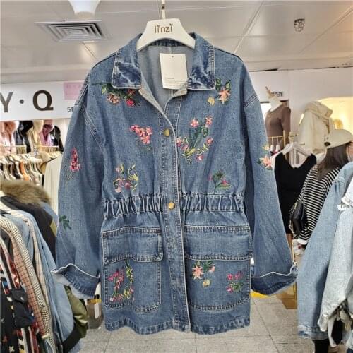 New Style Womens Spring Autumn Coats Fashion Flowers Embroidered Denim Jackets Female Casual Loose Jeans Jacket Large Size Coat