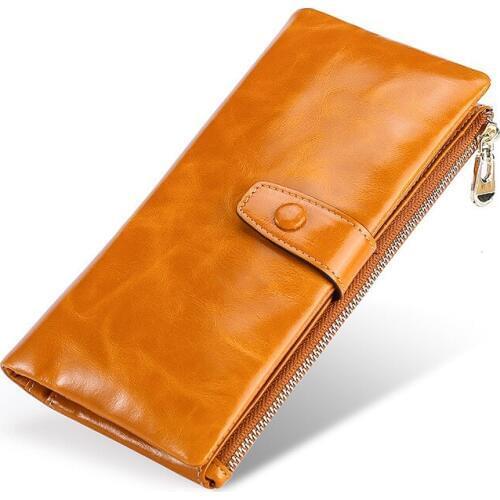 Womens Retro Wallet Genuine Leather Two-Fold Long Ladies Large-Capacity Wallet Buckle Cover Zipper cowhide Leather Women Wallets