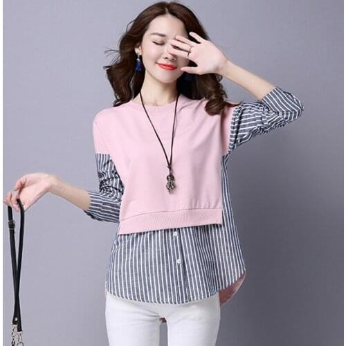 Spring Autumn Korean Shirt Women Tops Long Sleeve Casual Shirts Vintage Stripe Stitching Fake Two-Pieces Women Blouses Blusas