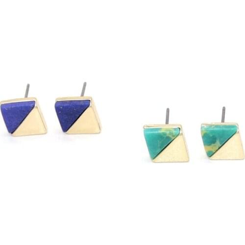 Parallelogram Geometric Small Half Faux Pink and Green Marble Stone Stud Earrings for Women