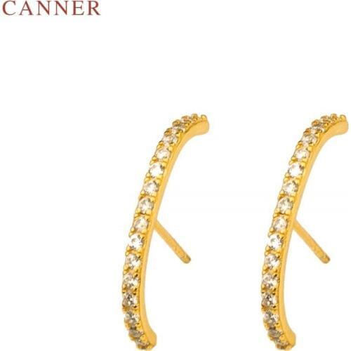 CANNER 925 Sterling Silver Zircon Stud Earrings for Women Girls CZ Crystal Half Circle Earrings 2019 Gold Color Earings Gift C40