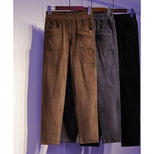 Zoki S-5XL Women Corduroy Pants Plus Size Autumn Elastic High Waist Korean Fashion Loose Thick Winter Black Wide Leg Pants 2021