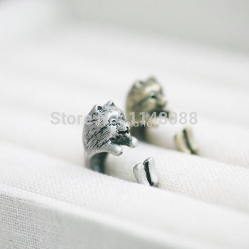 Womens Retro Pomeranian Dog Ring Pet Ring Adjustable Free Size Black Crystal (Antique Silver/Antique Bronze)
