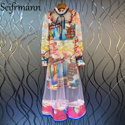 Seifrmann New 2021 Summer Women Fashion Runway Party Long Dress Lantern Sleeve Gorgeous Bow Ruffles Lace Vintage Printed Dresses