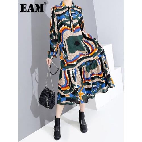 [EAM] Women Pattern Printed Temperament Dress New Lapel Long Sleeve Loose Fit Fashion Tide Spring Autumn 2021 1H305