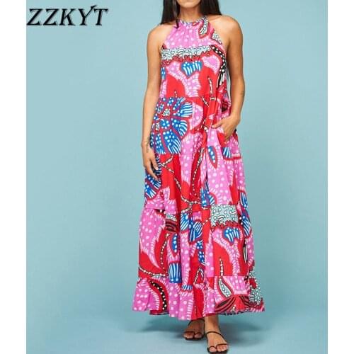 ZZKYT 2021 Women Summer Vintage Floral Print Pockets Midi Dress Fashion O-Neck Sleeveless Ruffles Female Party Dresses Mujer