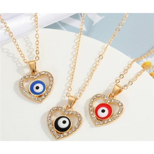 1PC Rhinestone Hollow Heart Evil Eye Pendants Necklace For Women Bohemia Enamel Turkish Eye Necklace Chain Choker Jewelry N240