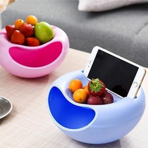 1pcs Creative Shape Lazy Snack Bowl Plastic Double Layers Snack Storage Box Bowl Fruit Plate Bowl With Phone Holder Supplies