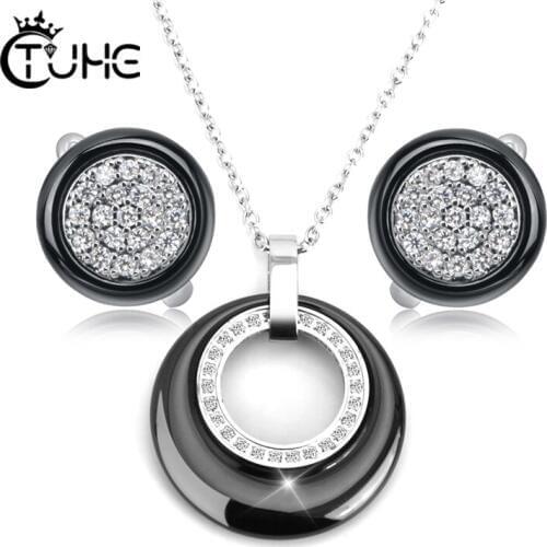 2019 Fashion Women Jewelry Sets Black White CZ Crystal Female Jewelry Never Fade Ceramic Pendant Necklace Earrings