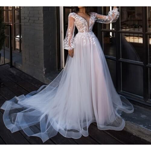 2021 Boho Wedding Dresses for Bride Long Puffy Sleeves V Neck A Line Appliques Bridal Gowns vestido de noiva