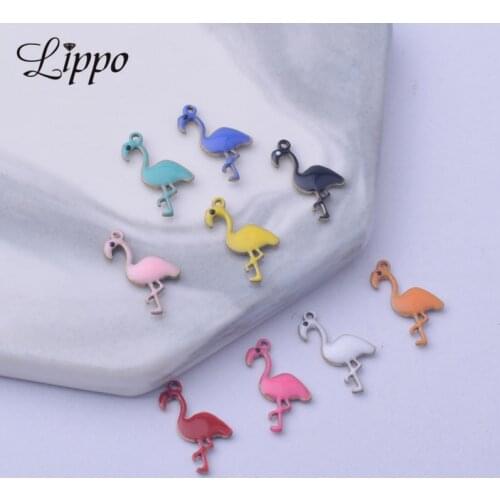 30pcs 8*14mm Both Side Enamelled Flamingo Charms Small Bird Animal Pendants Copper Jewelry