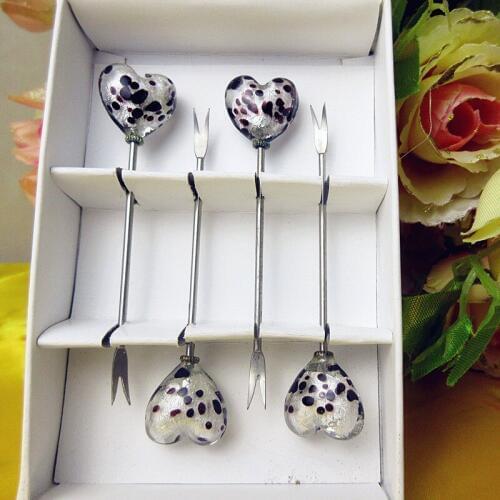 4pcs kitchen bar tableware miniature stainless steel fruit fork murano glass heart shaped sculpture art decorative dessert fork