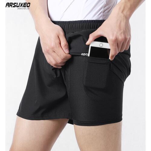 ARSUXEO 2 In 1 Mens Running Shorts Quick Dry Training Marathon Fitness Jogger Gym Sport Shorts With Pocket
