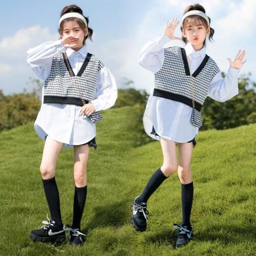 Girls White shirt autumn Childrens clothing fashion plaid vest shirt fake two pieces Kids Blouses long-sleeved teenager outfits