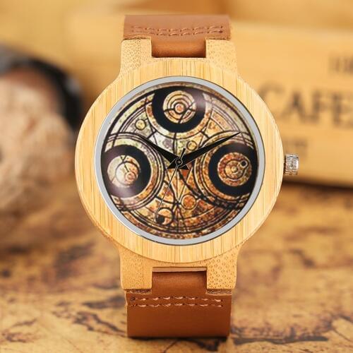Creative Doctor Who Wood Bamboo Watches Mens Fashion Nature Brown Leather Strap Casual Quartz Wrist Watch Dr. Who Clock Gifts