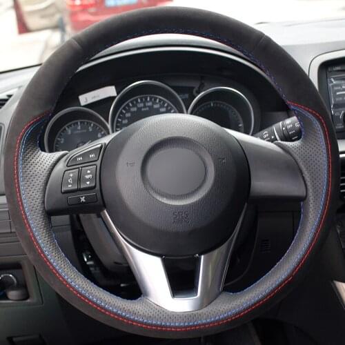 Black Leather Black Suede Car Steering Wheel Covers for Mazda 3 Axela Mazda 6 Atenza Mazda 2 CX-3 CX3 CX-5 CX5 Scion iA