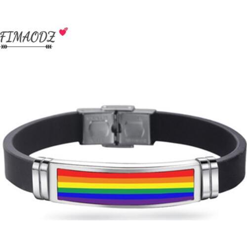 FIMAODZ Rainbow Flag Gay Pride Bracelet LGBT Lesbian Symbol Stainless Steel Silicone Bracelets Bangle For Men Women Couple Gift