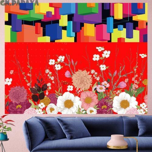 Geometric mosaic flower wall hanging structure macrame Tapestries hippie Psychedelic Wall carpet Hanging Yoga Mat Home Decor red