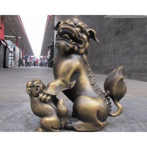 Bi001973 China Royal Pure Bronze carved Mother-Son Guardian Foo Dog Lion beast Statue