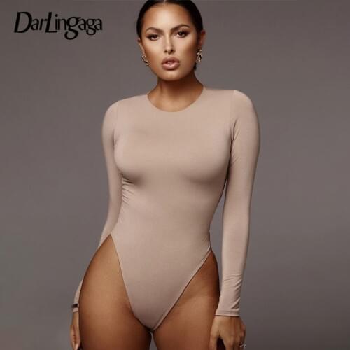 Darlingaga Casual Solid Skinny Long Sleeve Bodysuits Basic 2020 Bodys Bodycon Sheer Bodysuit Women Round Neck Outfits Jumpsuits