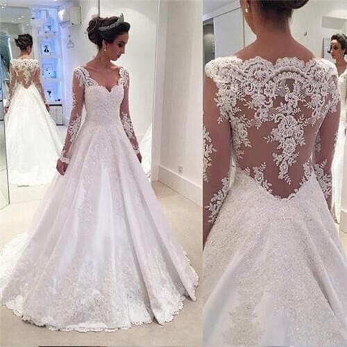 2020 Latest Design Illusion V-Neck Wedding Dress Lace Appliques Long Sleeves Bridal Gowns Formal Party Vestidos de Noiva