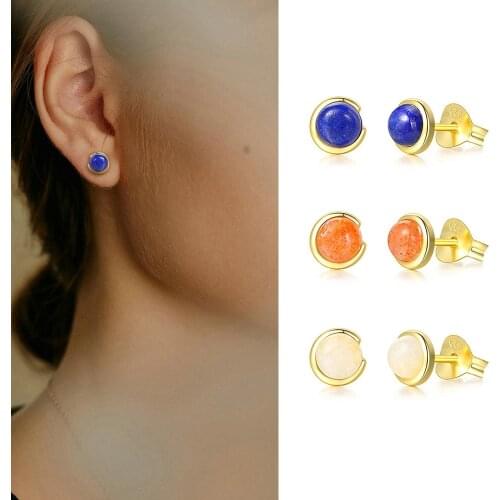 LAMOON 925 Sterling Silver Earring For Women Natural Stone Moontone Bean Stud Earring 14K Gold Plated Fine Jewelry Gift EI158