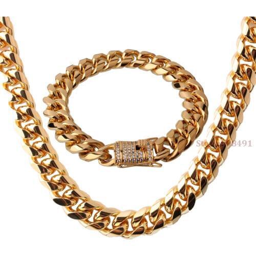 Fashion Mens High Quality Gold Color Stainless Steel Curb Link Chain White Stone Necklace Bracelet Jewelry Set 15mm24"+8.66"
