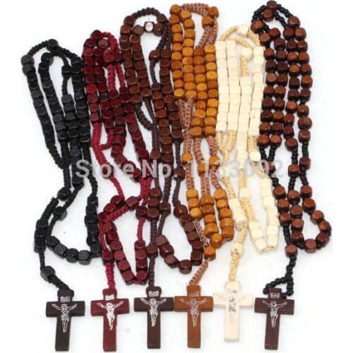 Wholesale 50pcs/lot mix colors NEW Square Cube Wooden Beads Rosary Necklace With Crucifix / Cross Rosary Necklace
