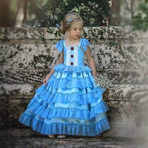 Girls Dresses Summer Sweet Blue Ball Gown Childrens Evening Party Layered Ruffle Cake Sling Long Dress WT566