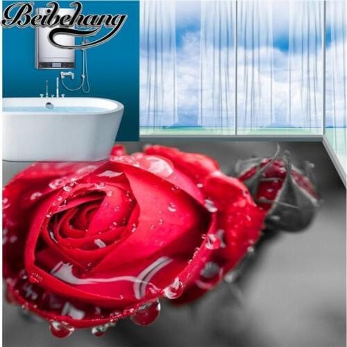 Beibehang Custom 3D Stereo Floor Decorative Romantic Dew Rose Bathroom 3D Self-Adhesive Floor Decoration Waterproof Sticker