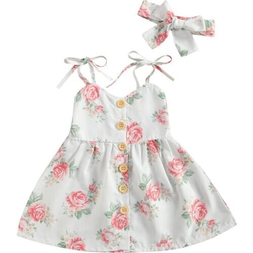 Casual Dresses Little Girls Summer Outfits Cute Self-Tie Spaghetti Straps Button Down Floral Print Dress With Headband Clothing