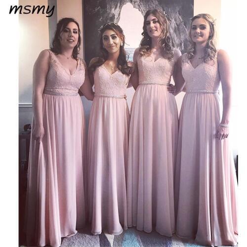 Pink Bridesmaids Dresses For Summer Boho Weddings A Line V Neck Applique Sequins Top Beaded Sash Long Prom Gowns Custom Made