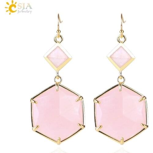 CSJA Women Drop Earrings Prong Setting Geometric Gems Jewelry Double Side Faceted Hexagon Natural Stone Labradorite Earring F409