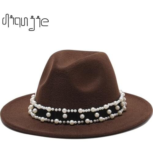 2021 Women Men Wool Fedora Hat With Pearl Ribbon Gentleman Elegant Lady Winter Autumn Wide Brim Church Panama Sombrero Jazz Cap