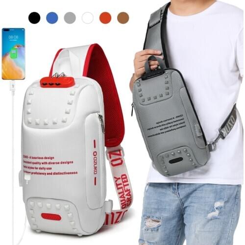 Mens Fashion Shoulder Bag USB Charging Waterproof Messenger Bag Rivet Lock Anti-theft Pack Sling Bag Crossbody Bags for Men