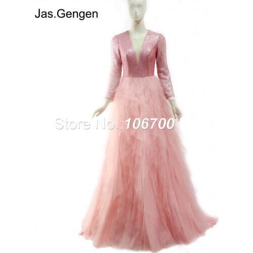 Long Sleeves Ruffle Evening Dress vestido de noiva Deep V Neck Front Sheer Illusion Pink Sequins Top Pink Bridal Prom Gowns