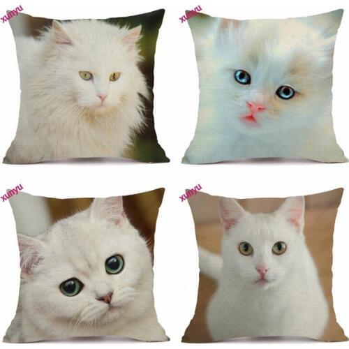 XUNYU Cute White Cat Linen Pillow Case Sofa Square Decorative Pillow Cover Animal Pattern Cushion Cover 45X45cm BT002