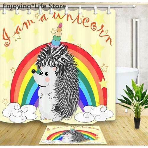 Rainbow Cute Hedgehog Shower Curtain Rug Waterproof Fabric Shower Curtain Set Bathroom Mat Bath Decor Mat 12 Hooks