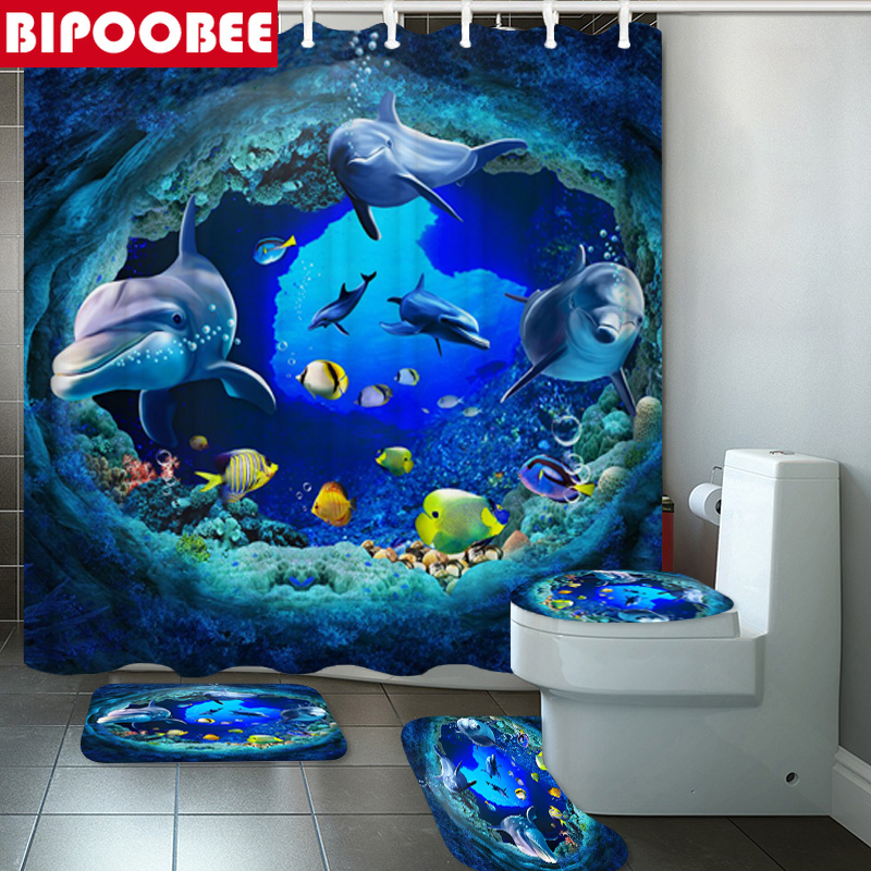 180*180 3D Ocean Dolphin Deep Sea Polyester Shower Curtain Bathroom Curtains Pedestal Rug Lid Toilet Cover Bath Mat Set