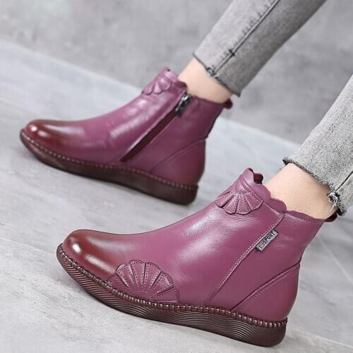 2021 Winter Genuine Leather Ankle Boots Handmade Lady Soft Flat Shoes Comfortable Casual Moccasins Large Size Platform Shoes 42