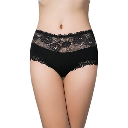 Sexy Transparent Lace Female Panties 100% Cotton Mid Waist Abdomen Drawing Seamless Briefs Plus Size Panty Lace Women Underwear