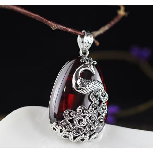 Vintage Natural Gemstone 925 Sterling Silver Pendant For Women,Sweater chain peacock Silver Pendant For Women Gift AJ