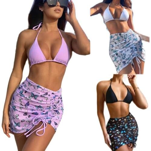 Women Sexy Drawstring 3 Piece Set Swimsuit Halter Skirts Bikini Butterfly Swimwear Bathing Suit Biquini Swim Suit