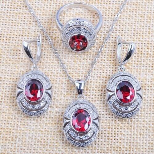 Shining Red Created Garnet Zirconia Womens Silver Color Jewelry Sets Necklace Pendant Earrings Ring Free Shipping TZ097