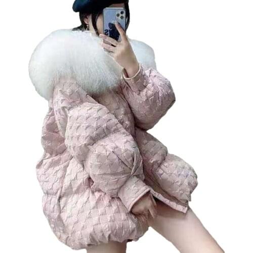 Women Winter Down Jacket Coat Medium Long Warm Pink Parkas Mongolia Sheep Fur Collar Duck Down Coat Parka