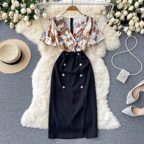 Women Fashion Print Office Work Dress Design Splice Floral Short Sleeve V Neck Slim Summer Sexy Split Streetwear Sundress